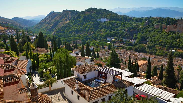 Houses with roof tiles near lush mountains