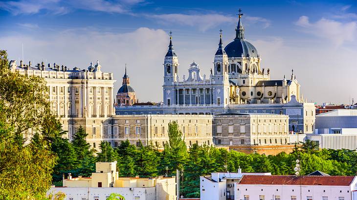 A skyline with old buildings and a cathedral