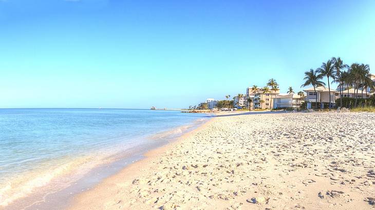 A white sand beach and ocean water with houses and palm trees in the distance