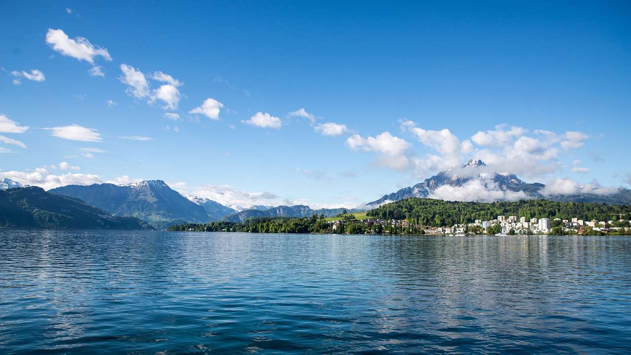 A body of water with mountains in the background on a clear day