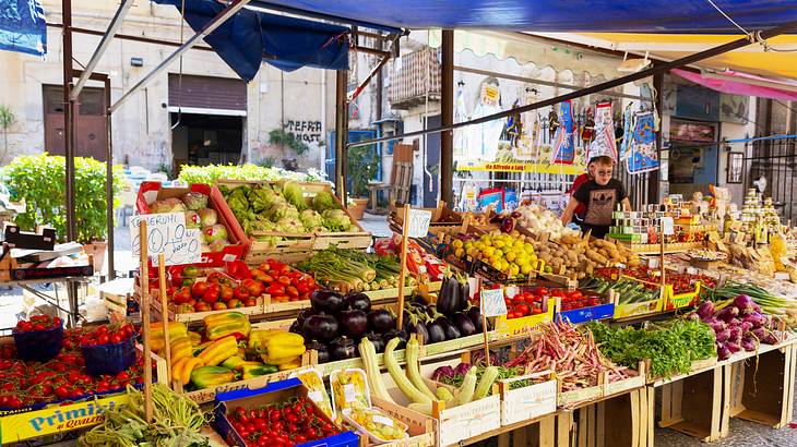 A market stall with different types of vegetables under a blue awning