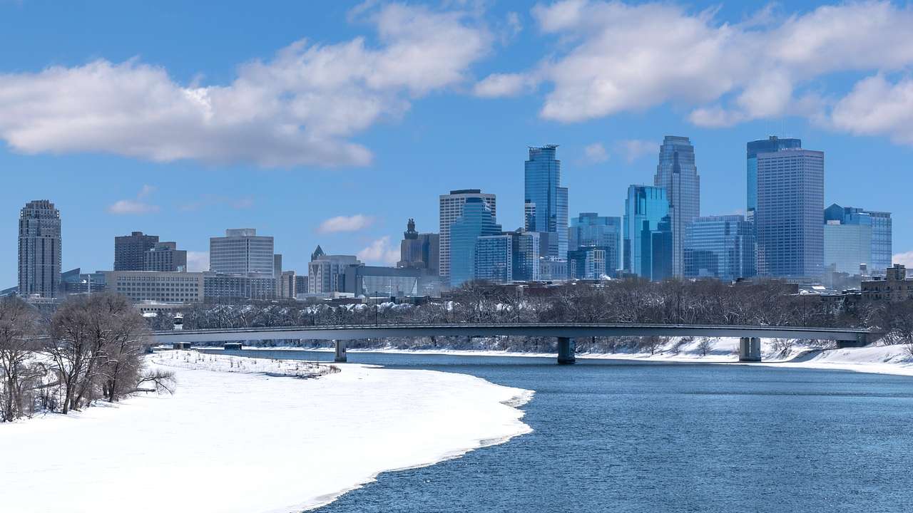 A river next to an area of snow, bare winter trees, and a city skyline