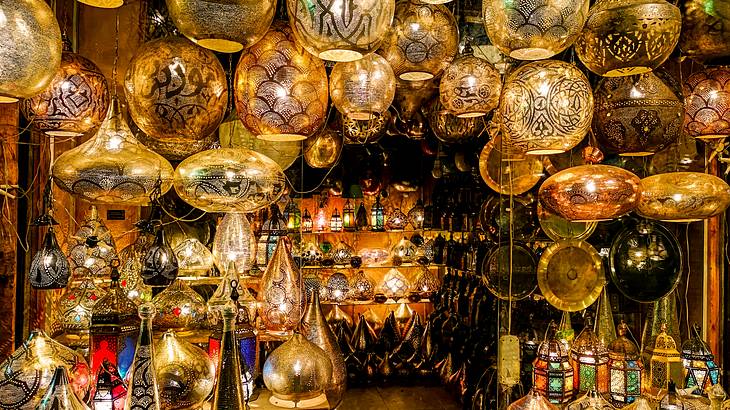 Beautiful Egyptian lamps hanging at a market in Cairo