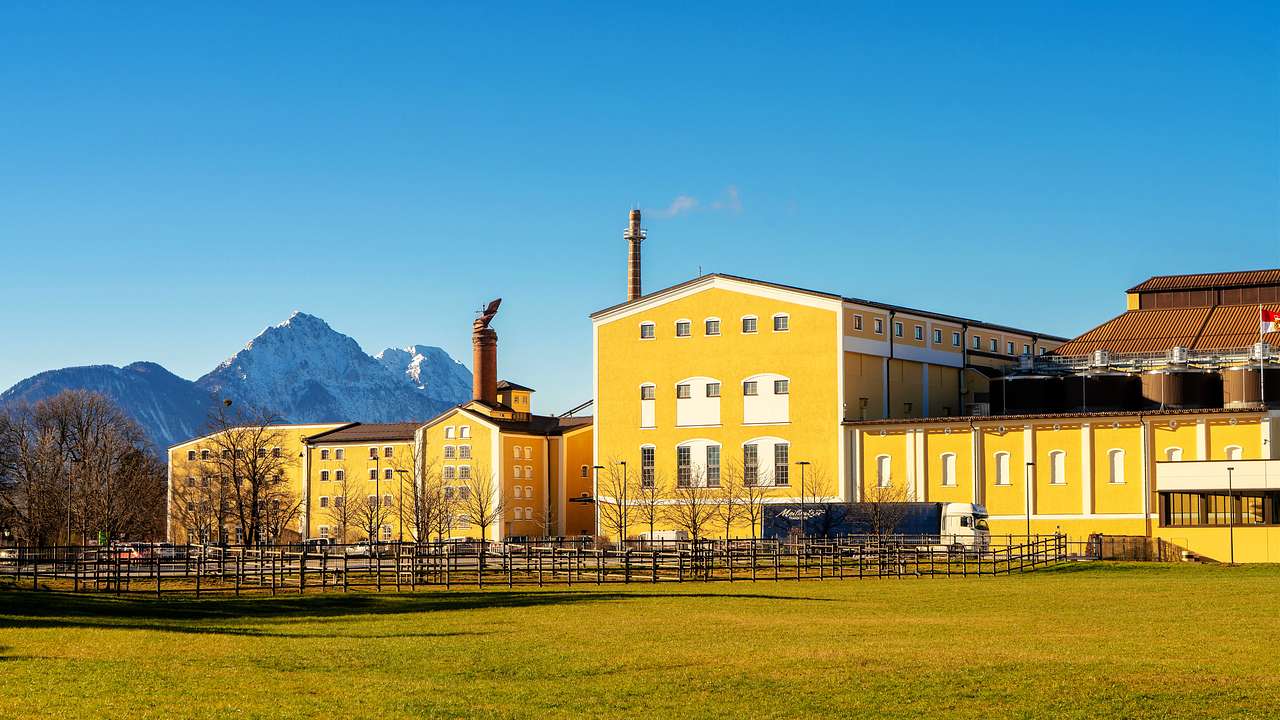 A yellow factory building next to a lush lawn, bare trees, and mountains