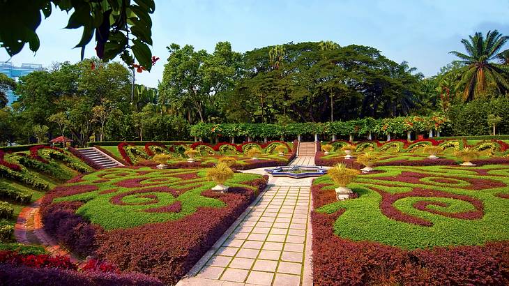 Beautiful red and green landscape with flowers, plants and trees at a park