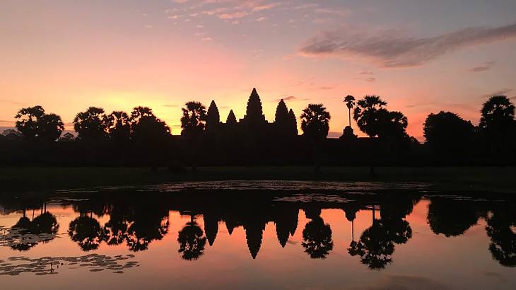 Black temple and tree silhouettes reflected in water at sunrise