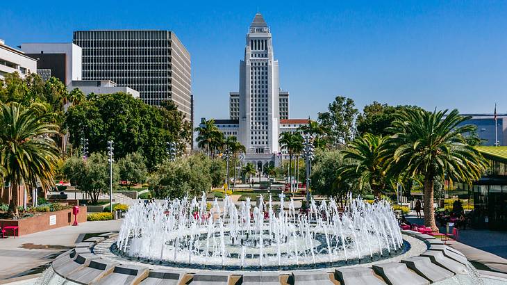 A water fountain surrounded by trees and skyscrapers