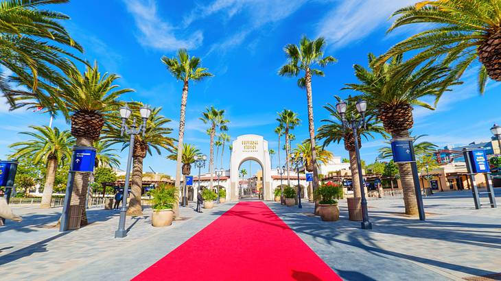 A red carpet surrounded by palm trees leading to a tall concrete entrance gate