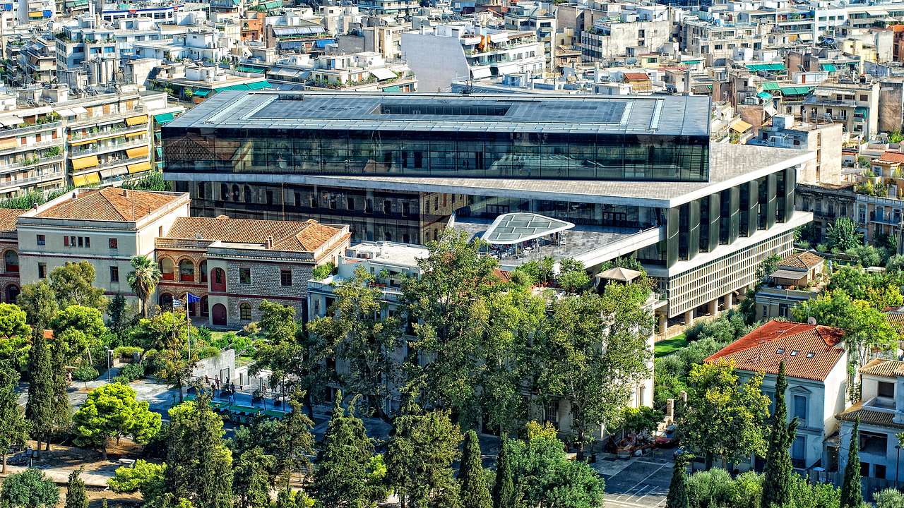 View of the big Acropolis Museum from above, one of the famous Greek landmarks