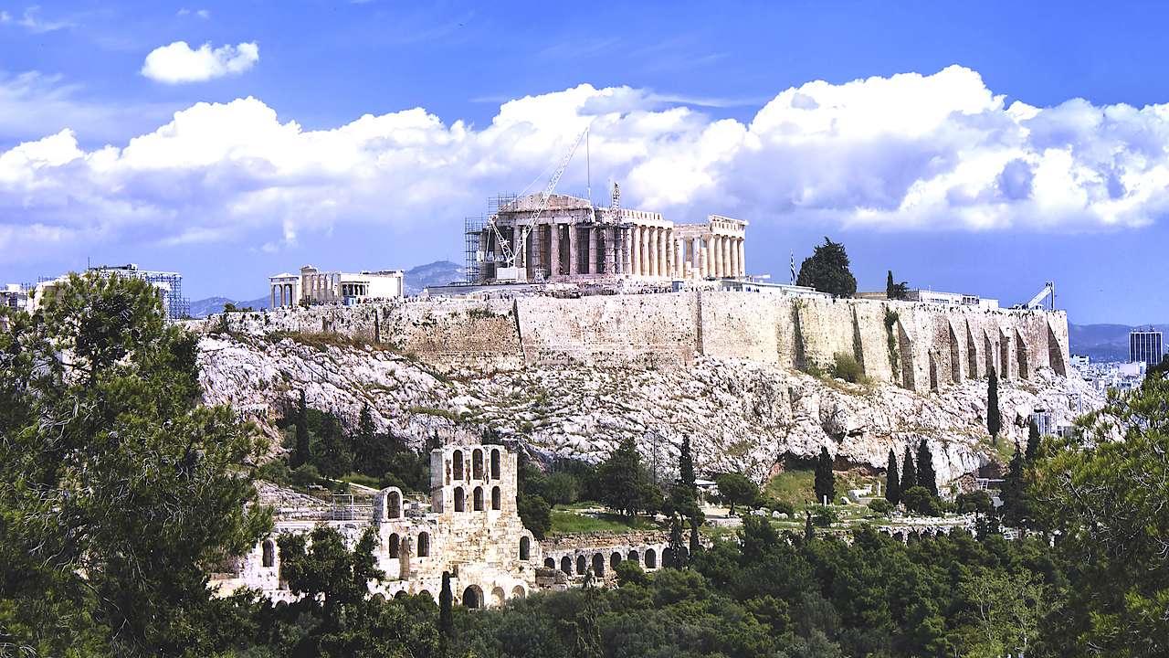 The Acropolis archaeological site in Athens from afar, Greece