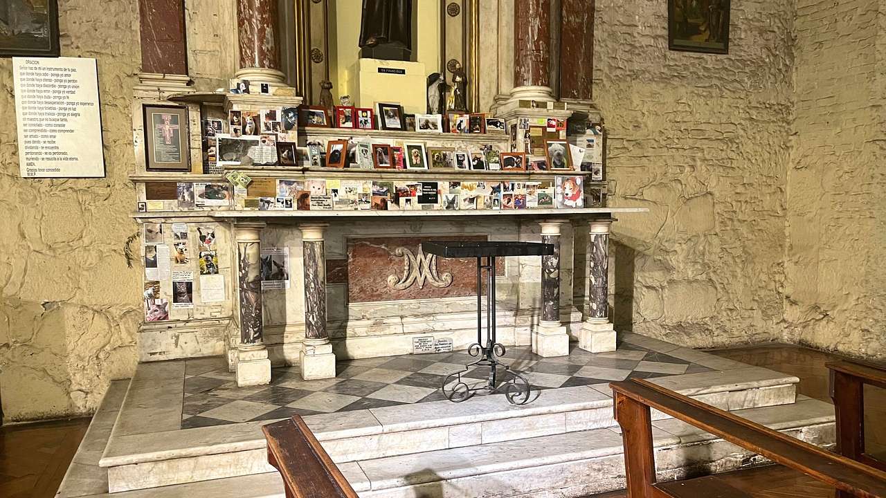 An altar with dog pictures all around on a two-step podium, from behind benches