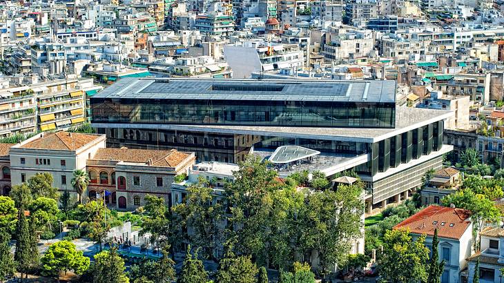 View of the big Acropolis Museum from above, one of the famous Greek landmarks