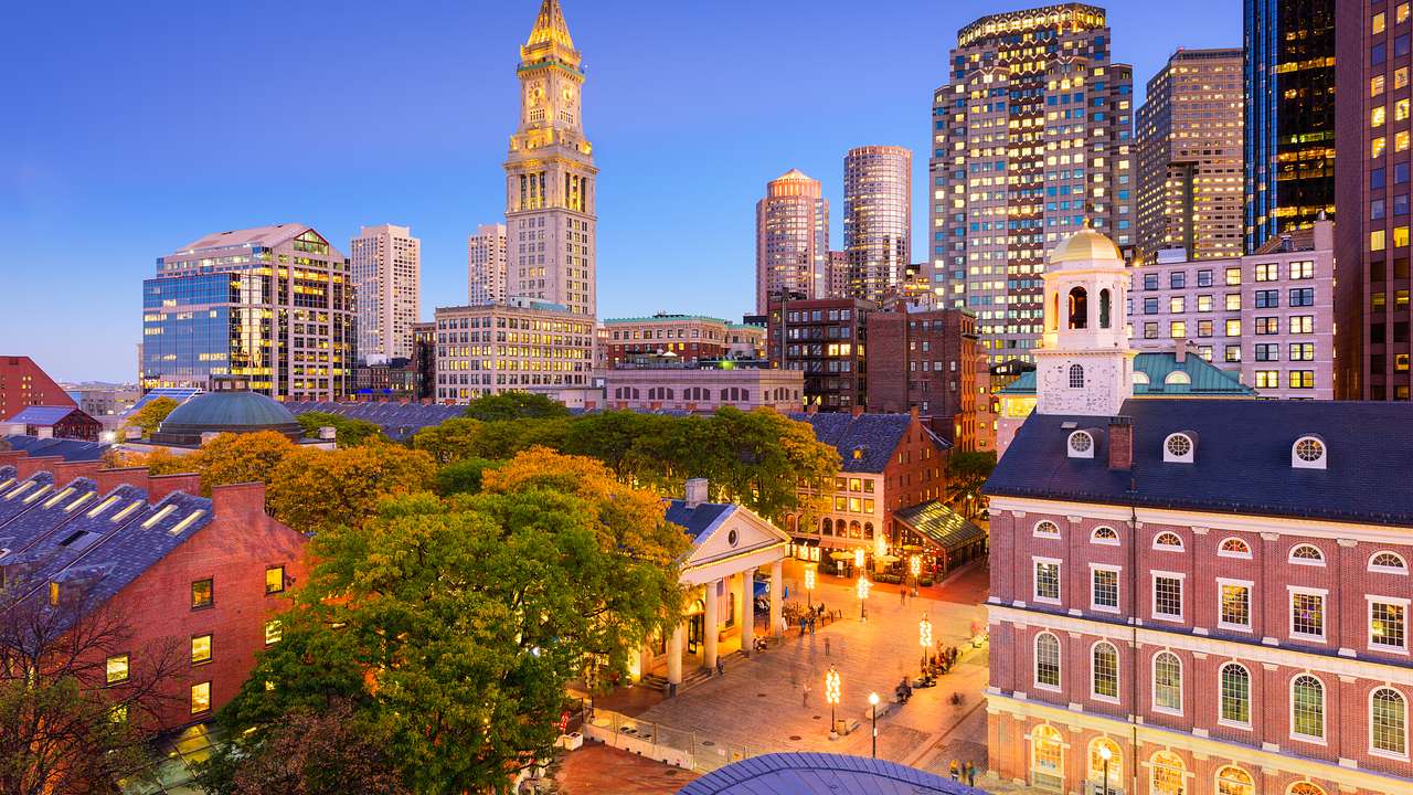 One of many fun things to do in Boston at night is visiting Faneuil Hall Marketplace