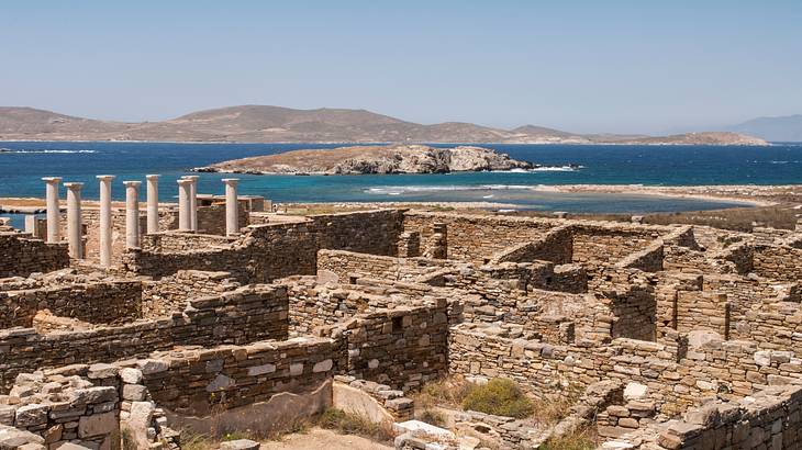 View of ancient ruins in Delos, Greece
