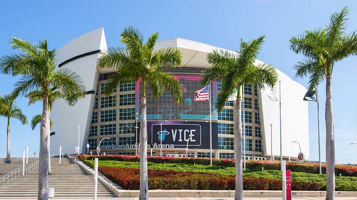 An area with glass windows with steps and palm trees in front under blue sky