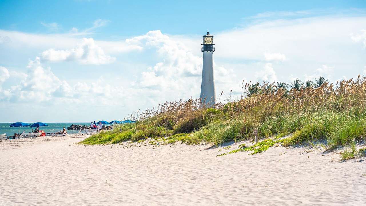 A white sandy shore with greenery to the side and a lighthouse in the distance