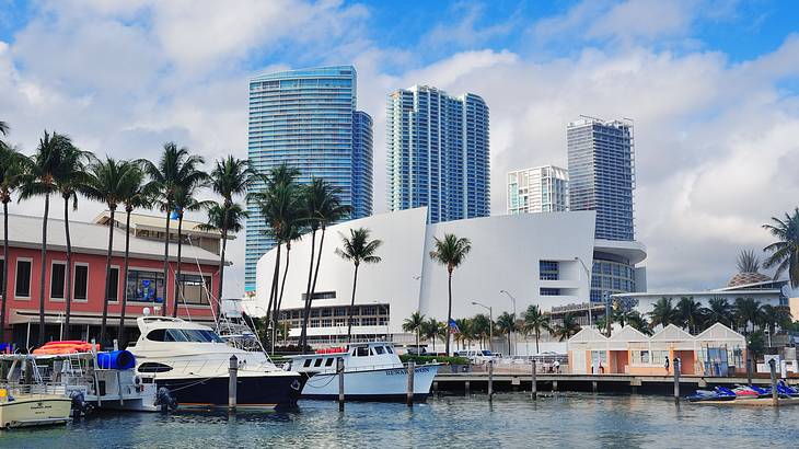 Buildings and palm trees with water and boats in front of them