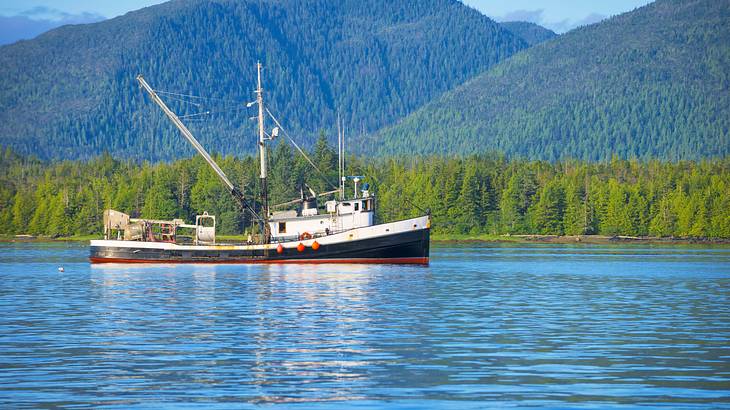 A boat in the middle of the sea near forested mountains