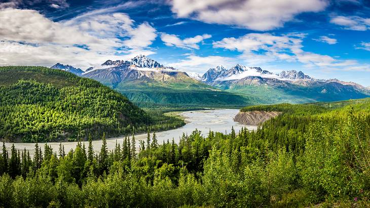 A river between forested mountains and plains