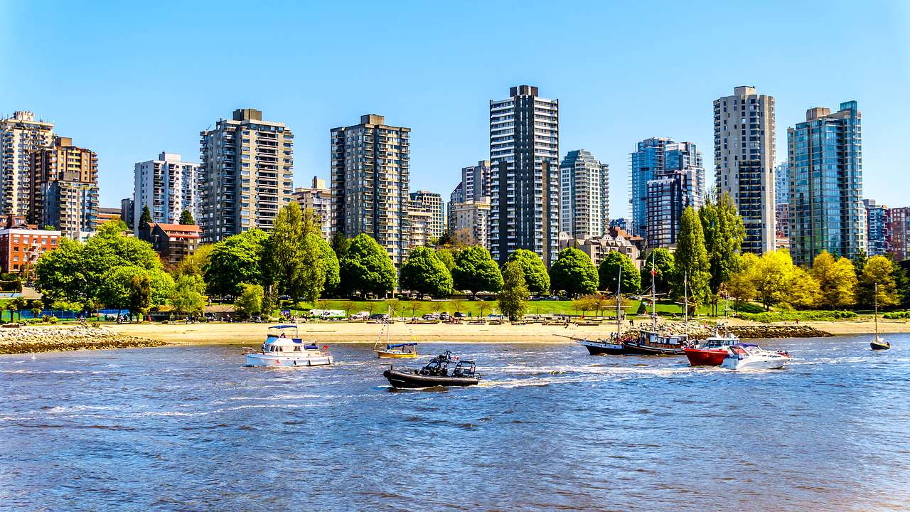 City skyline of glass buildings facing rows of trees next to a beachy body of water