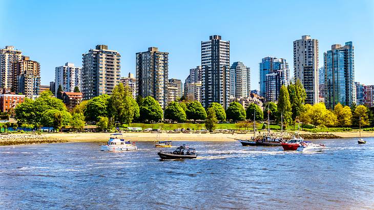 City skyline of glass buildings facing rows of trees next to a beachy body of water