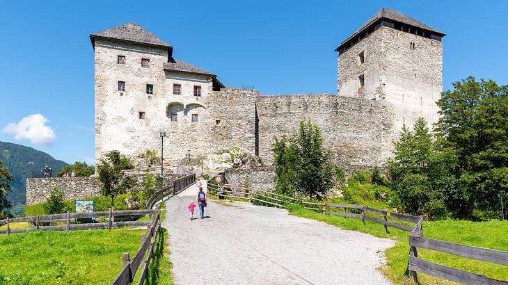 A mediaeval castle with trees and a path in front of it on a clear day