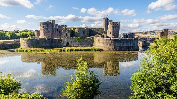 A large stone castle surrounded by clear water and greenery on a sunny day