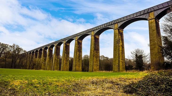 An aqueduct above a grassy meadow with trees all around under cloudy blue skies