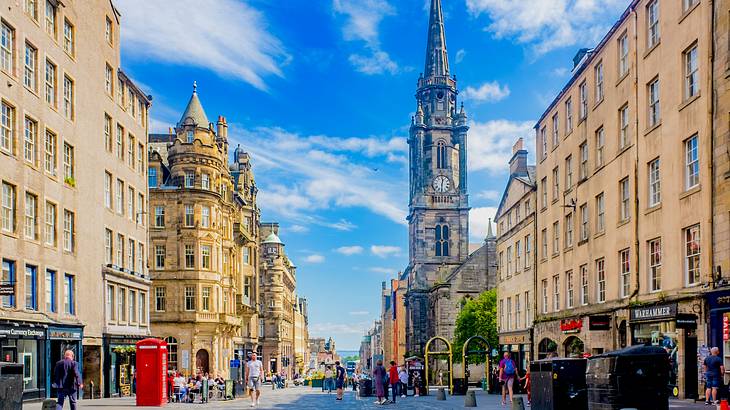 Beautiful buildings overlooking a mile-long street with people walking