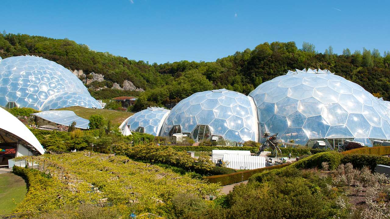Big white translucent domes on a grassy, hilly landscape under clear blue skies