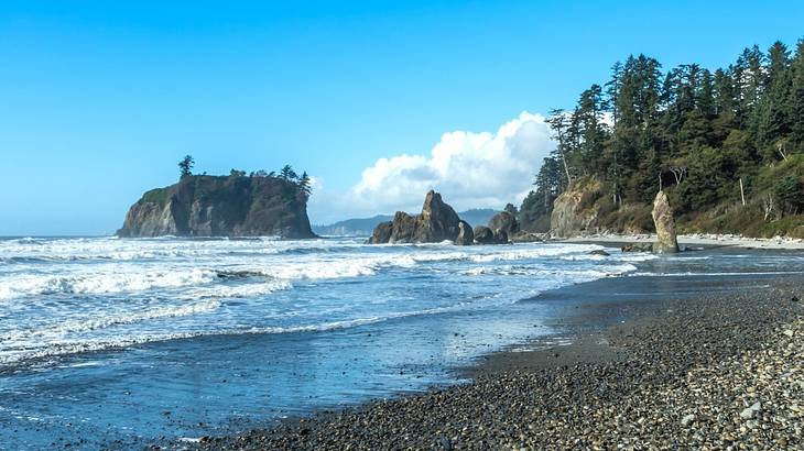 A beach with a rocky shoreline, waves crashing onto the shore, and greenery