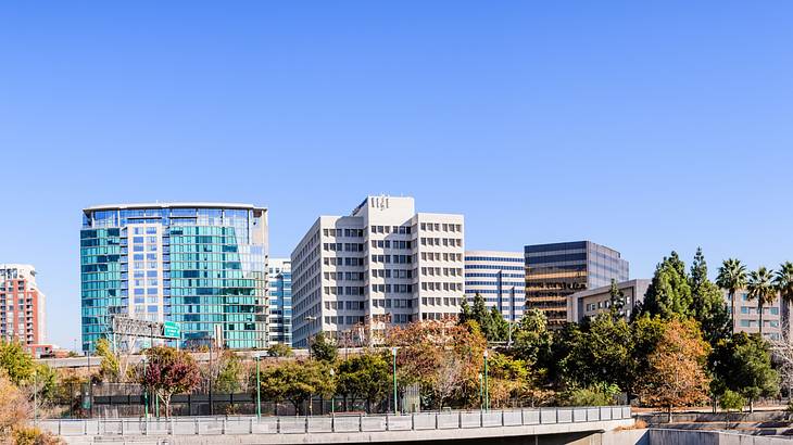 City buildings near trees under a blue sky