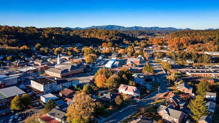 Aerial shot of a neighborhood with many trees near mountains in the background