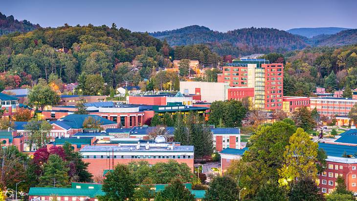 Aerial shot of many buildings near forested mountains