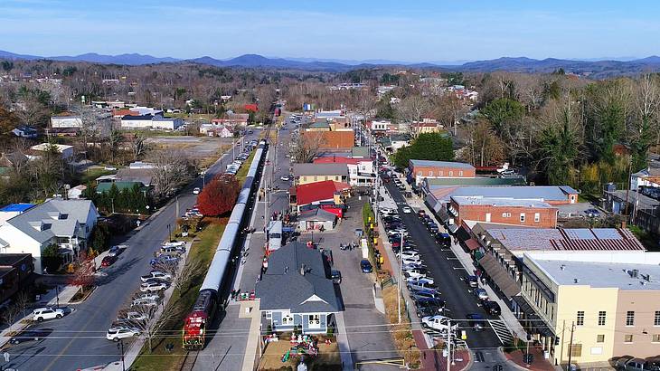 Aerial shot of a neighborhood with houses and roads