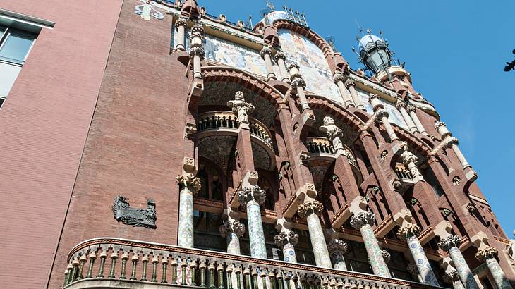 The facade and entrance into Palau de la Música Catalana in Barcelona, Spain