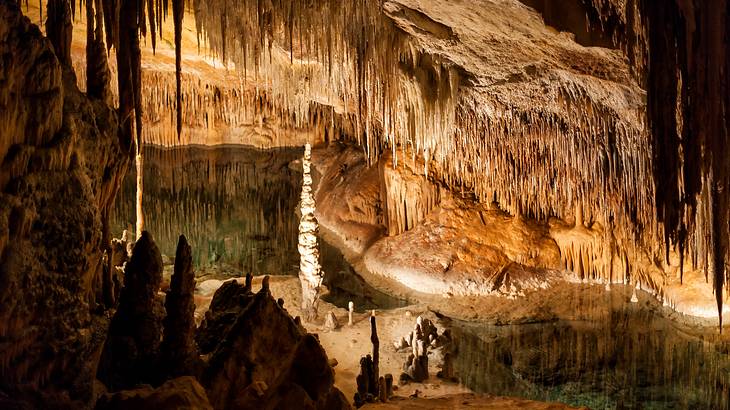The gloomy and dark looking inside of Drach Caves in Majorca, Spain