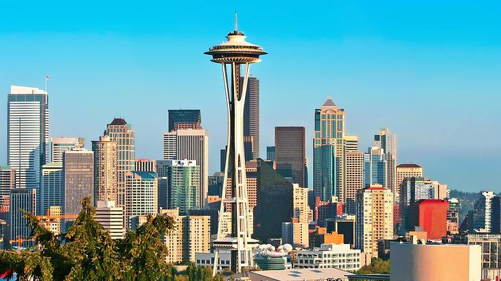 A skyline with an observation tower and skyscrapers