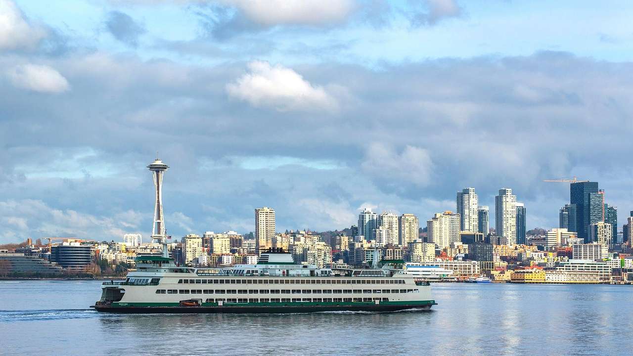 A ferry on the water with a skyline behind it under a cloudy sky