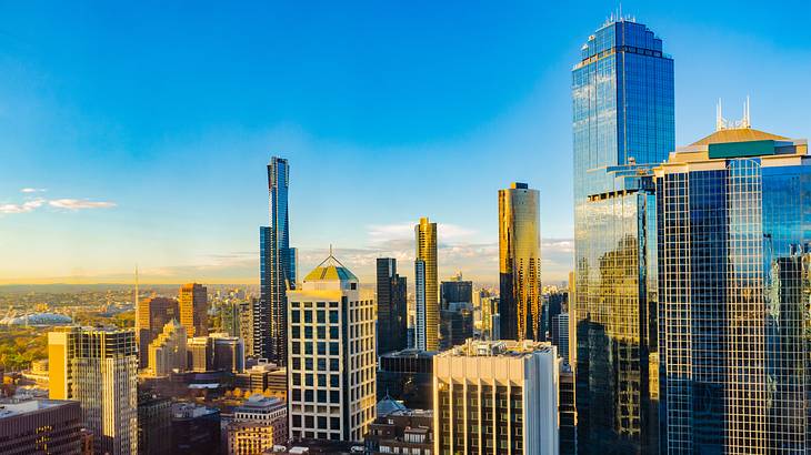 Modern skyscrapers and buildings during sunset