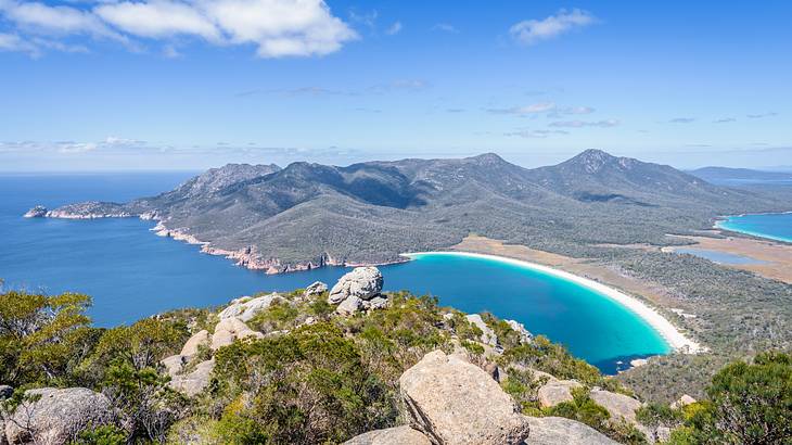 A high-angle shot of a bay near the mountains