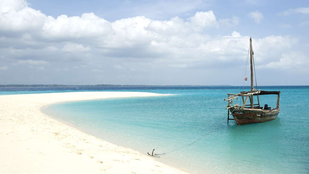 A wooden boat on the ocean next to white sand
