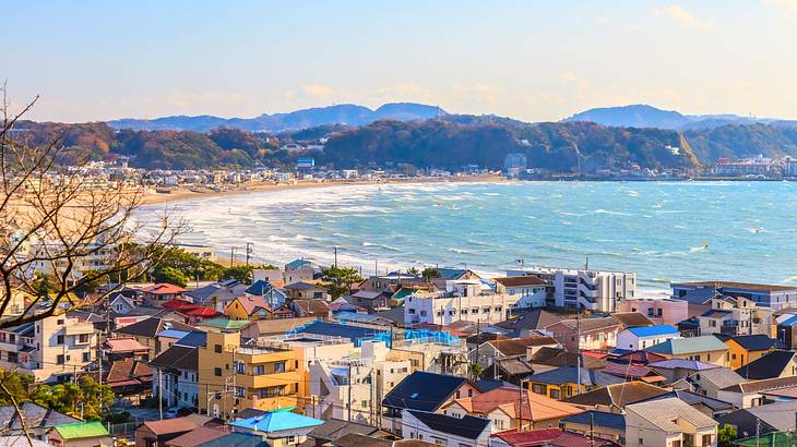 Colorful houses near a beach cove and mountains in the background