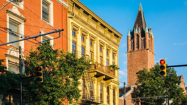 19th-century-style structures next to a bright blue sky