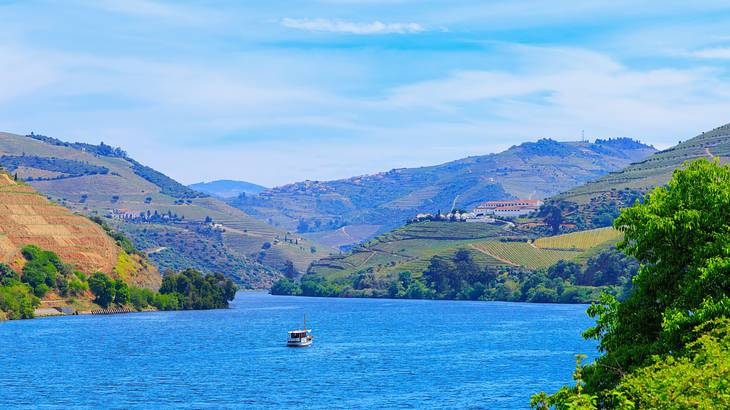 A boat cruising a winding river between mountain ranges