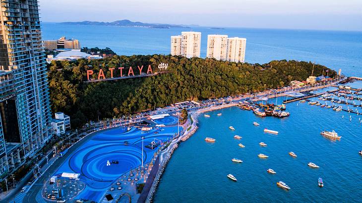 An urbanized peninsula with skyscrapers and a massive pool near the ocean