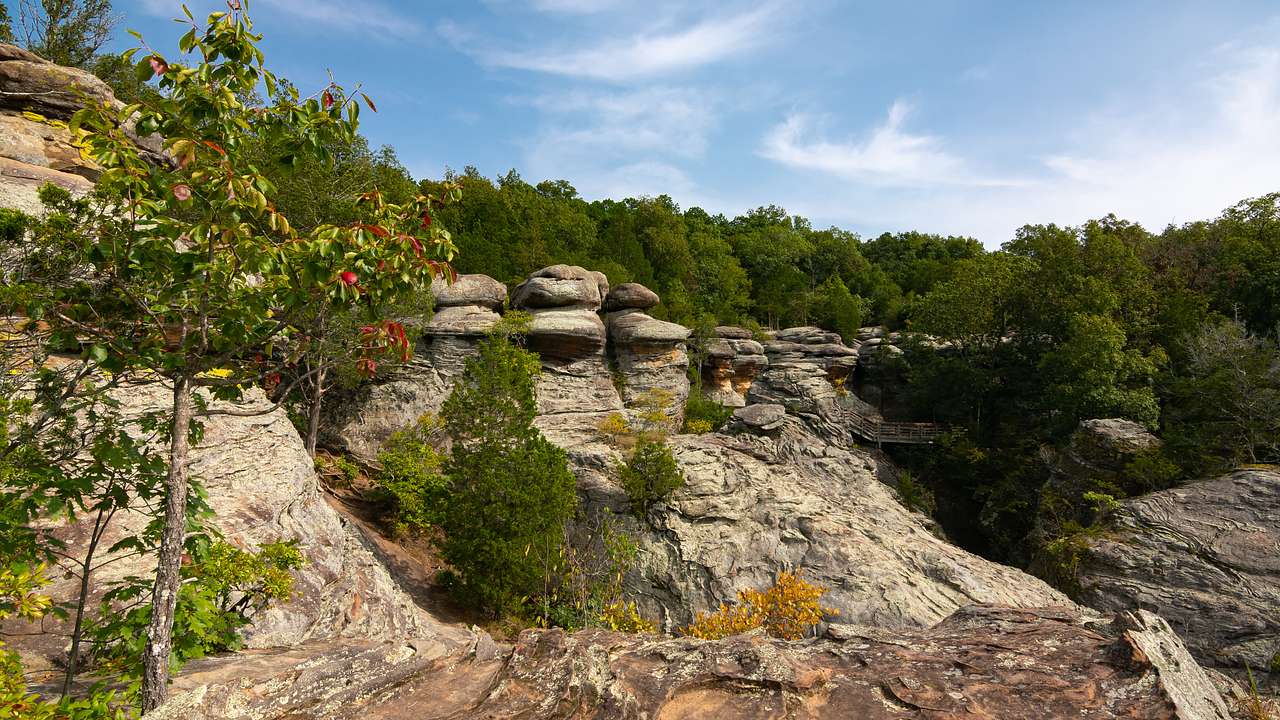 Looking towards rock formations covered with trees under a partly cloudy sky