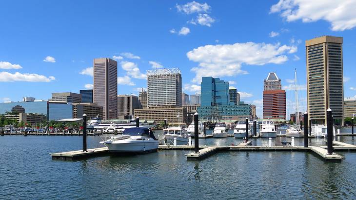 A port with boats near skyscrapers on a cloudy day