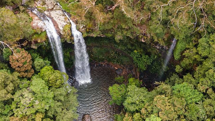 A set of twin waterfalls falling into a pool below amongst greenery, taken from above