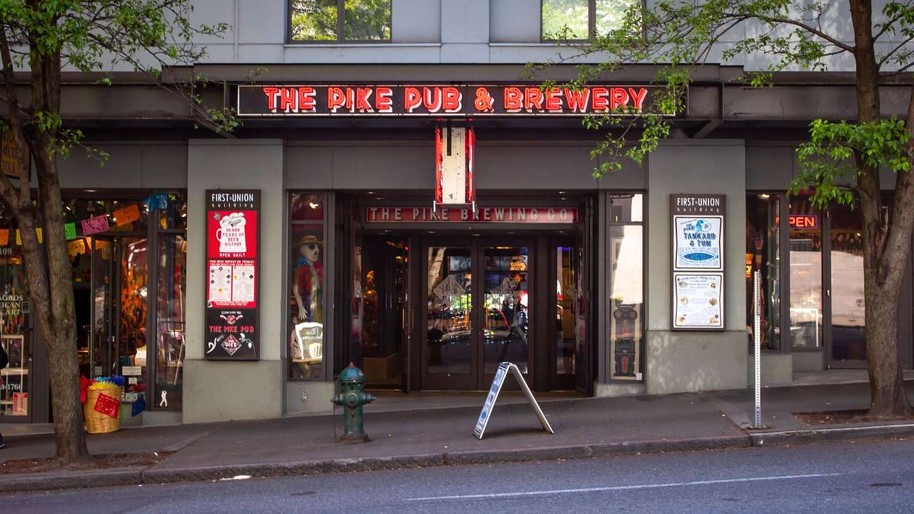 The front of a bar with a sign that says "The Pike Pub & Brewery"